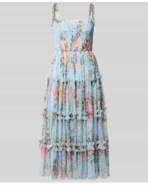 LACE & BEADS Knielanges Cocktailkleid mit Smok-Details - Blau