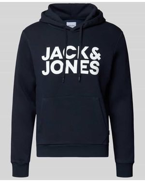 Jack & Jones Hoodie mit Label-Print und Känguru-Tasche - Blau