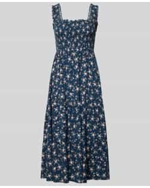 Apricot Midi-Jurk Met Ruches En Vierkante Hals - Blauw