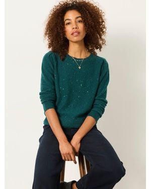 FatFace Skylar Knitted Sequin Sparkle Frill Cuff Jumper - Green
