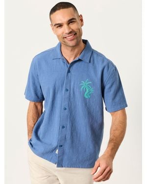 FatFace Fatface Short Sleeve Relaxed Fit Graphic Placement Embroidery Shirt - Blue