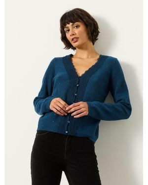 FatFace Skylar Knitted Sequin Sparkle Lace Cardigan - Blue