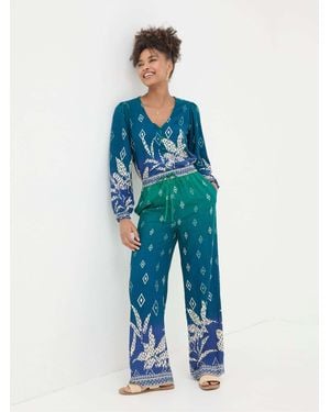 FatFace Harper Ombre Leaves Wide Leg Trousers - Blue