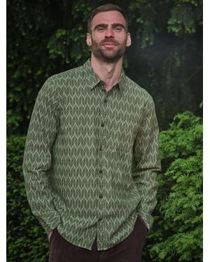 FatFace Long Sleeve Chambray Leaf Print Shirt - Green