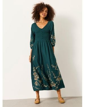 FatFace Adele Metallic Embroidered Midi Dress - Green