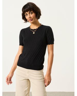 FatFace Fleur Pointelle Stitch Short Sleeve Top - Black