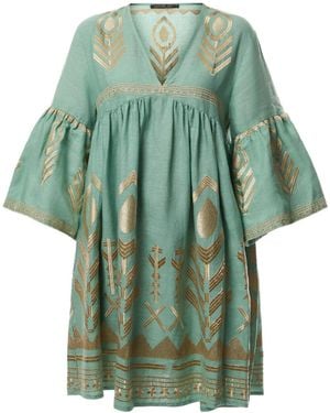 Kori Feather V-Neck Puff Slv Mini Dress - Green