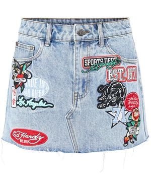 Ed Hardy Multi Badge Tattoo Mini Skirt - Blue