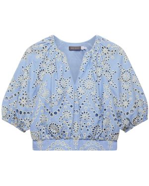 Mint Velvet Women's Broderie Puff Sleeve Top - Blue