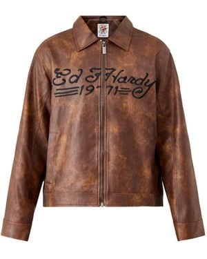 Ed Hardy Vegan Leather Zip Jacket - Brown
