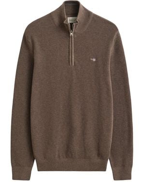 GANT Micro Textured Half Zip Jumper - Brown