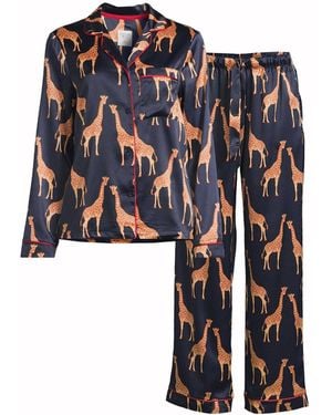 Chelsea Peers Giraffe Print Satin Button Up Long Set - Blue