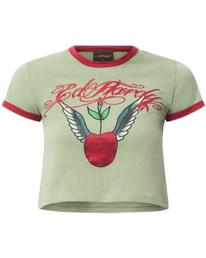 Ed Hardy Women's Cherry Love Bomb Diamante Baby Tshirt - Green