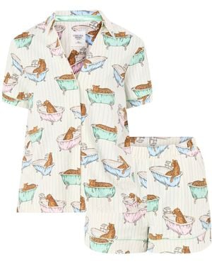 Chelsea Peers Bathtime Leopards V Neck Button Up Short Pj Set - White