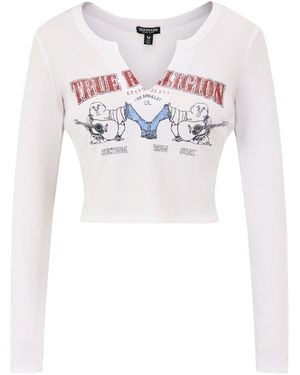 TRUE RELIGION Buddha V-Neck Rib Long Sleeve Top - White