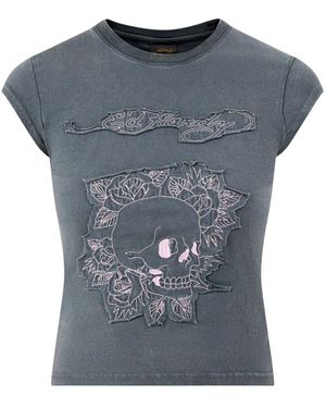 Ed Hardy Floral Skull Self Applique Cap Sleeve Tee - Blue