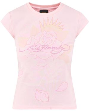 Ed Hardy And Sunshine Diamante Cap Sleeve Tee - Pink