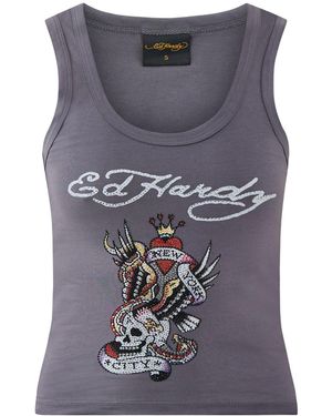 Ed Hardy New York City Diamante Cropped Vest Top - Grey