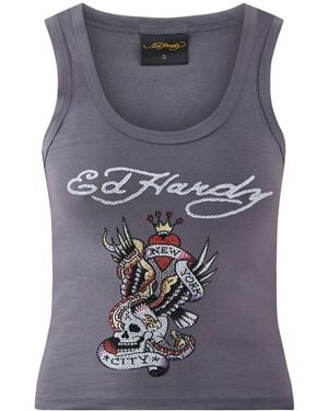 Ed Hardy New York City Diamante Cropped Vest Top - Grey