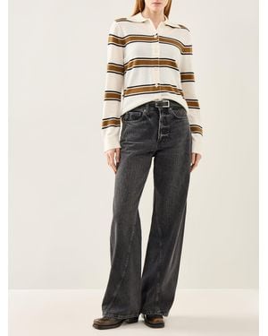 SELECTED Thea Long Sleeve Knit Button Collar Top Cream - Black
