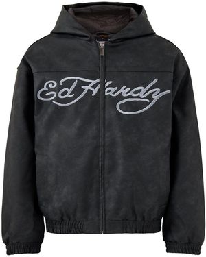 Ed Hardy Soaring Eagles Pu Hooded Vegan Jacket - Black