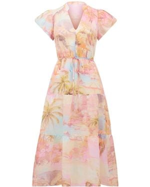 Forever New Jacqueline Puff Sleeves Tiered Midi Dress - Pink