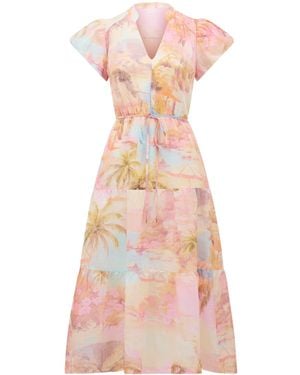 Forever New Jacqueline Puff Sleeves Tiered Midi Dress - Pink