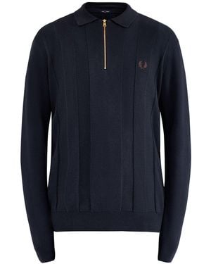 Fred Perry Tonal Stripe Knitted Quarter Zip Polo - Blue