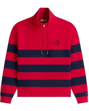 Tommy Hilfiger Stripe Mock Neck Quarter-Zip Sweatshirt - Red