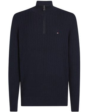 Tommy Hilfiger Herringbone Zip Mock Neck Jumper - Blue
