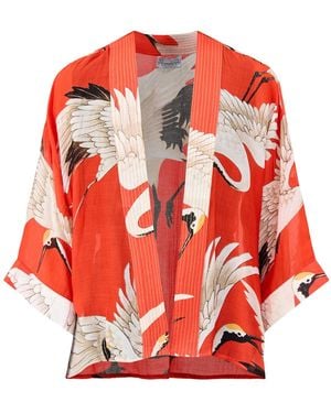 One Hundred Stars Stork Print Short Kimono - Red