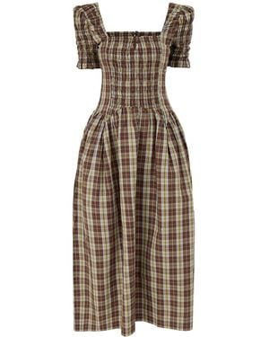 Damson Madder Emmy Shirred Check Midi Dress - Brown