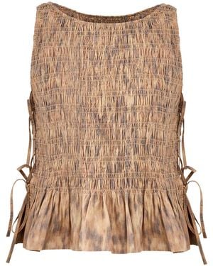 Ganni Printed Stretch Smocked Tie String Top - Brown