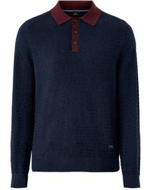 Paul Smith Long Sleeves Cotton Textured Polo - Blue