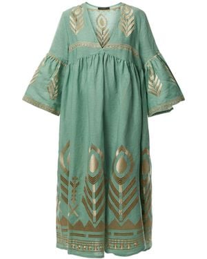 Kori Women's Linen Feather V-neck Puff Slv Long Midi Dress - Green