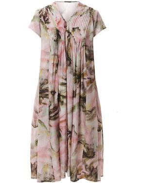 Grizas V Neck Pleat Detail Short Sleeve Ed Midi Dress - Natural