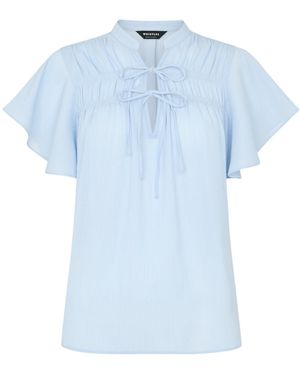 Whistles Frill Sleeve Tie Front Blouse - Blue