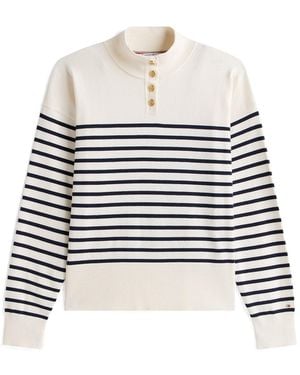 Tommy Hilfiger Stripe-Tone Button Mock Neck Jumper - White