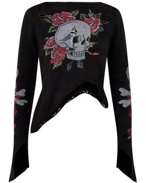 Ed Hardy Skull And Roses Distressed Knit - Black