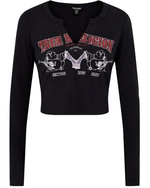 TRUE RELIGION Buddha V-Neck Rib Long Sleeve Top - Black