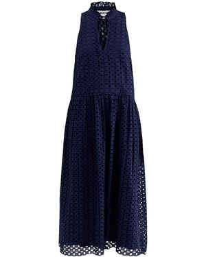 roandzo Broderie V-Neck Midi Dress - Blue