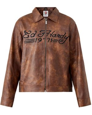 Ed Hardy Vegan Leather Zip Jacket - Brown