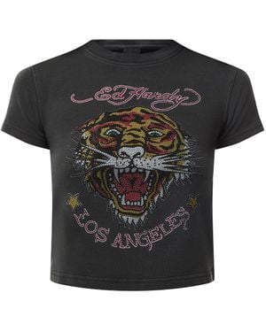 Ed Hardy La-Roar-Tiger Diamante Cropped Baby T-Shirt - Black