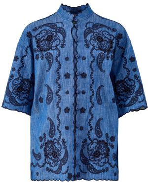 Zimmermann Aster Embroidered Short Sleeve Shirt - Blue