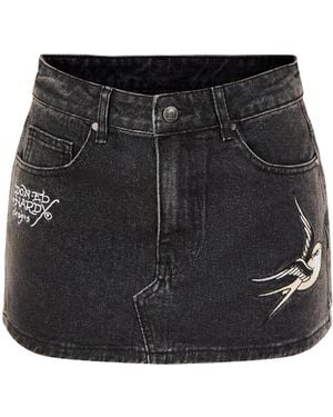 Ed Hardy Swallow Side Wash Denim Skirt - Black