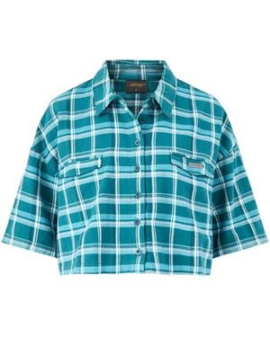 Ed Hardy Roses Cropped Relaxed Camp Shirt - Blue