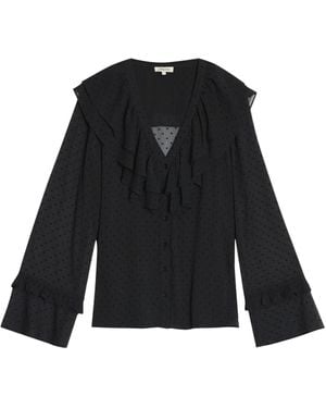 Albaray Flocked Spot Ruffle Blouse - Black