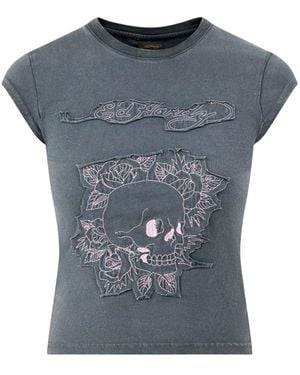 Ed Hardy Floral Skull Self Applique Cap Sleeve Tee - Blue