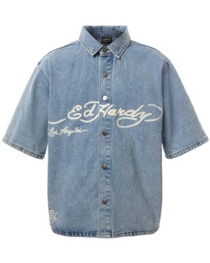 Ed Hardy Eagle And Stars Relaxed Denim Shirt - Blue