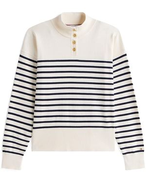 Tommy Hilfiger Stripe-Tone Button Mock Neck Jumper - White